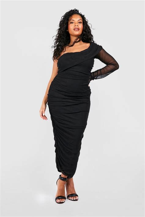 Womens Plus Mesh One Shoulder Ruched Midi Dress Boohoo Uk