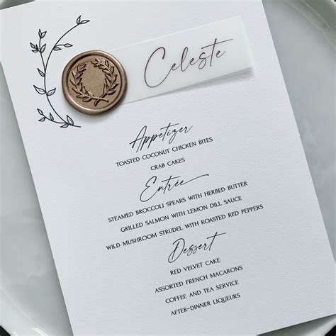 Menu With Place Card Wax Seal Vellum Custom Floral Wedding Menu Card