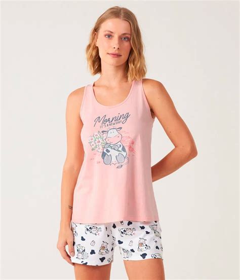 Pijama Feminino Curto Regata Estampado Malwee Algodão Rosa lingerie br