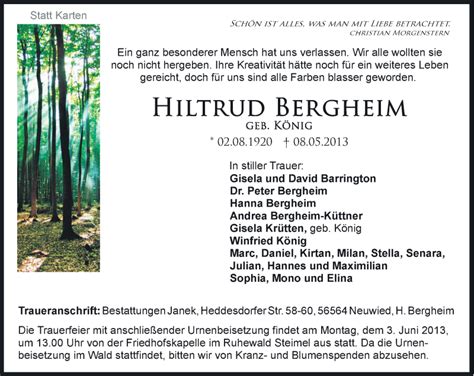 Traueranzeigen Von Hiltrud Bergheim Rz Trauer De