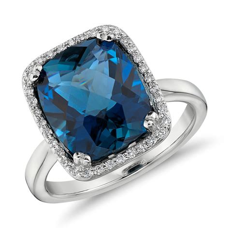 London Blue Topaz and Diamond Halo Cushion-Cut Ring in 14k White Gold ...