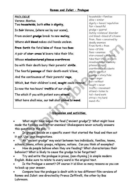 Romeo And Juliet Prologue Worksheet Printable Word Searches