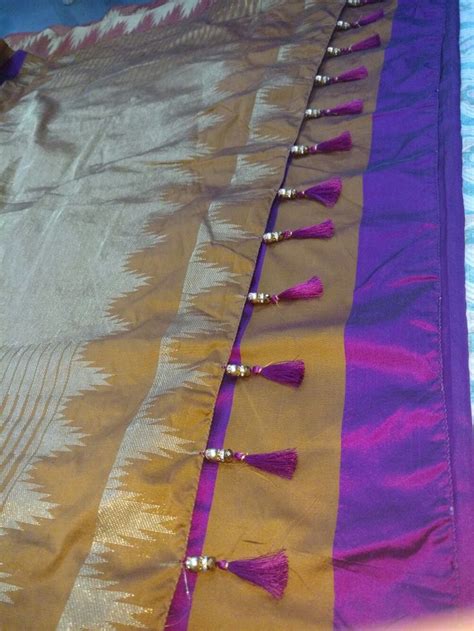 Beautiful Pink And Yellow Temple Border Saari With Beaded Saari Kuchu