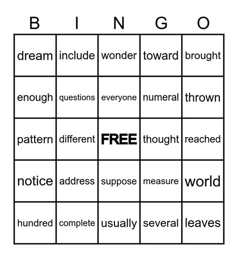 Th Grade Bingo High Frequency Words Bingo Card