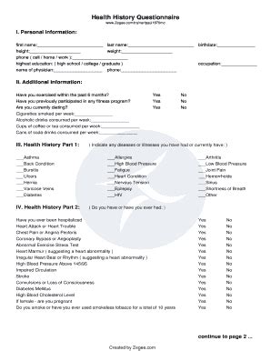 Fillable Online Health History Questionnaire Bpalb Bfitnessb Fax