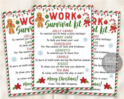 Work Survival Kit Tag Editable Template Holiday Christmas Survival Kit