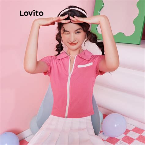 Lovito Exclusive DOPAMINE GIRLS Preppy Plain Zipper Colorblock Polo