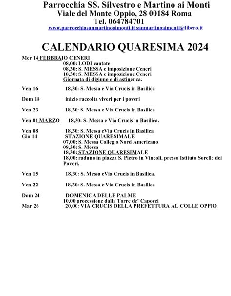 Calendario Quaresima Parrocchia San Martino Ai Monti