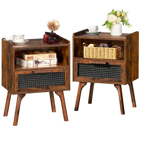 Lerliuo Rattan Nightstands Set Of 2 Boho Side Table With Drawer Open Shelf Cane Accent Bedside