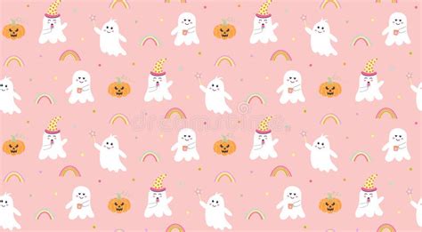 Cute Pink Ghosts Pumpkin And Rainbow Seamless Pattern Halloween Baby