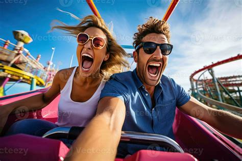 Excited Couple Enjoying A Thrilling High Speed Ride At An Amusement