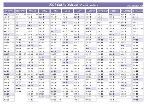 2023 calendar with week numbers (US and ISO week numbers)