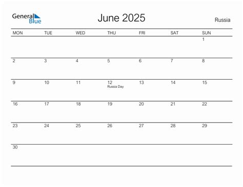June 2025 - Russia Monthly Calendar with Holidays