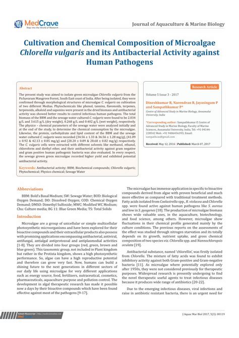 PDF Cultivation And Chemical Composition Of Microalgae