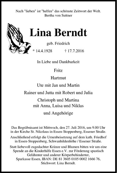 Traueranzeigen Von Lina Berndt Trauer In NRW De