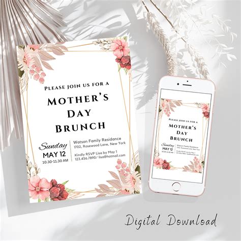 Mothers Day Brunch Invitation Template Pink Floral Mothers Day Invitation Personalized Mother S