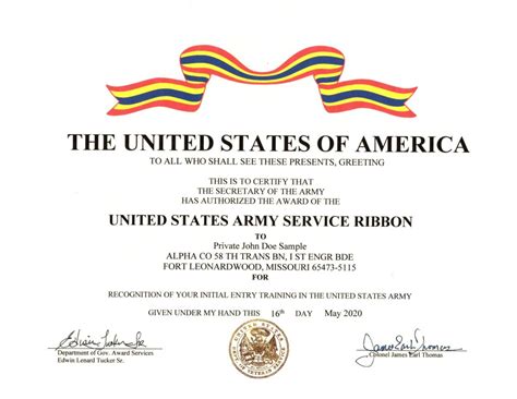 United States Army Service Ribbon Certificate - Military Certificates ...