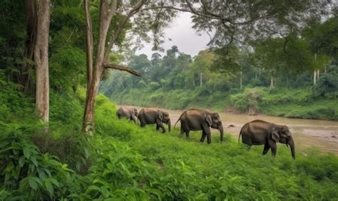 Premium Photo A Herd Of Elephants Walk Through A Forest