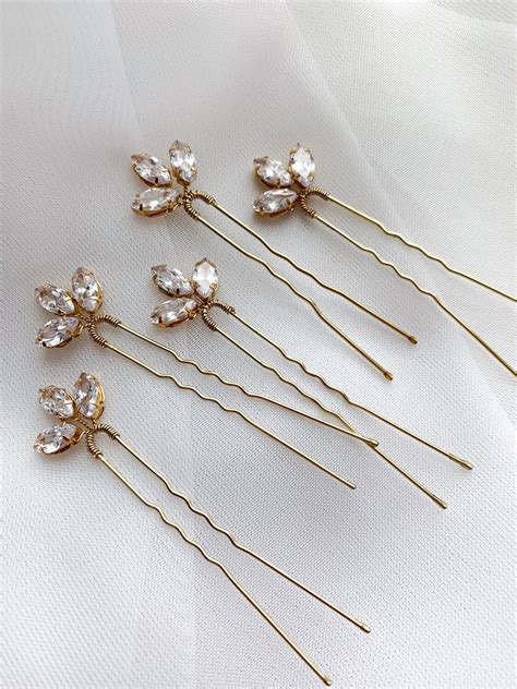 Crystal Hair Pins Set Of 5 Bridal Zircon Gold Hair Pins Etsy