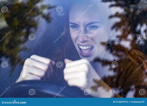 Angry Woman Driving Her Car Stuck In Traffic Stock Photo Image Of