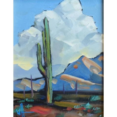 Listed Artist William Hawkins Saguaro Cactus Desert Landscape Oil