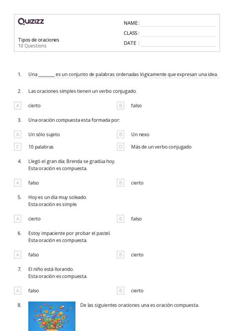 Tipos De Oraciones Hojas De Trabajo Para Grado En Quizizz