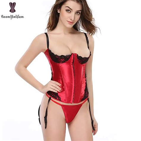 Sexy Red Corset Lingerie With Lace Push Up Bra Adjustable Shoulder