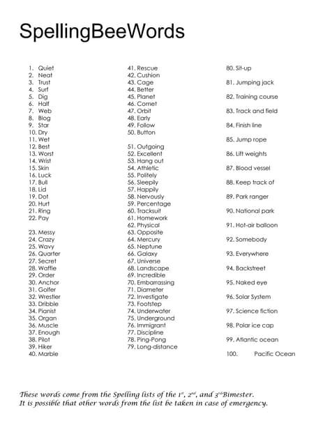 3rd Grade Spelling Bee List