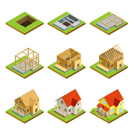 Premium Vector | Stages of house construction isometric 3d set