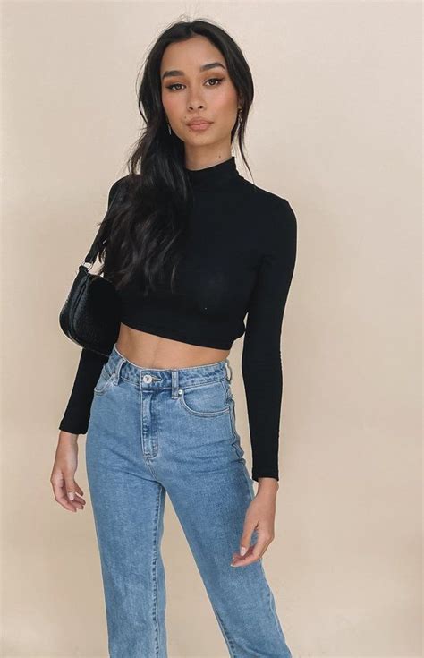 Black long sleeve crop Top Outfit | Dresses Images 2022