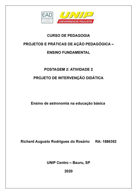 Desvendando O Universo Curso De Pedagogia Projetos E Pr Ticas De A O