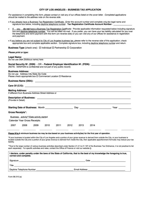 City Of Los Angeles - Business Tax Application Form printable pdf download