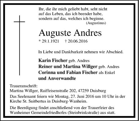 Traueranzeigen Von Auguste Andres Trauer In NRW De