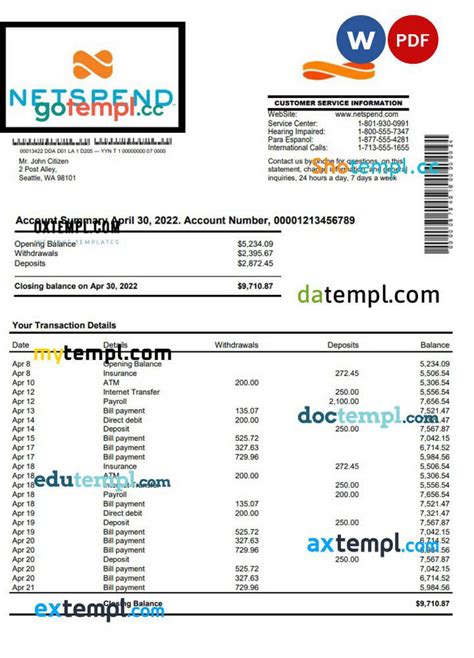 Doctempl Usa Netspend Banking Statement Word And Pdf Template Page