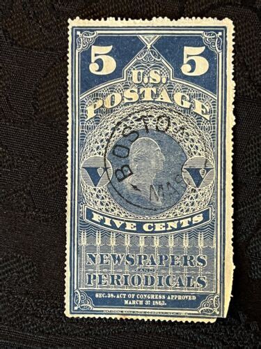 1875 US Scott PR4 5c Cents Newspapers Periodicals Blue Revenue STAMP