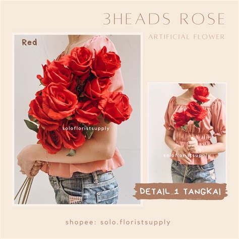 Jual 3 HEADS ROSE SILK Bunga Mawar Rose Paris Kombinasi X3 Satuan