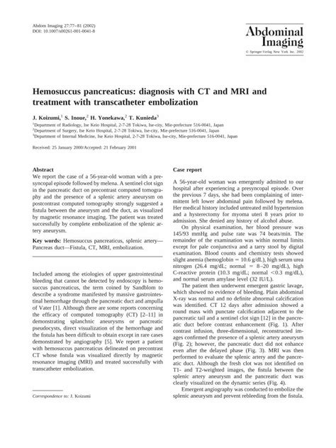 Pdf Hemosuccus Pancreaticus Diagnosis With Ct And Mri And Treatment