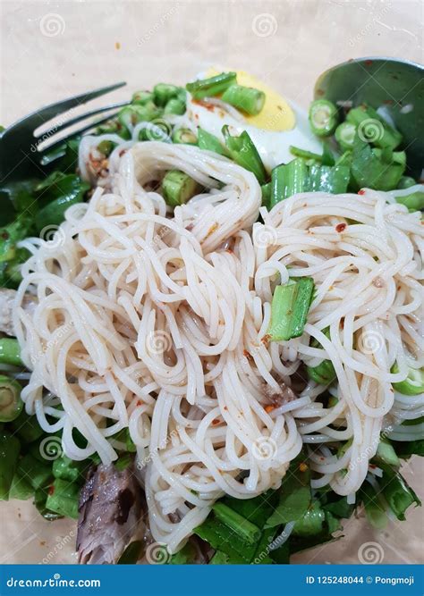 Rice Vermicelli Noodle Spicy Salad with Mackerel Stock Photo - Image of ...