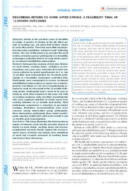 Describing Return To Work After Stroke A Feasibility Trial Of 12 Month