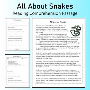 All About Snakes Reading Comprehension Passage Printable Worksheet