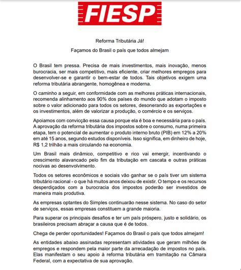 Fiesp Divulga Apoio A Reforma Tribut Ria Assinado Por Entidades