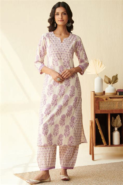 Buy Off White Hand Block Printed Straight Cotton Kurta For Women