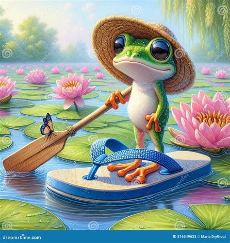 Frog Rowing A Flip Flop Sandal In Pond Water Stock Illustration