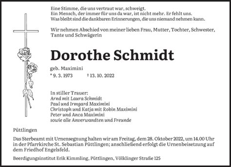 Traueranzeigen Von Dorothe Schmidt Saarbruecker Zeitung Trauer De