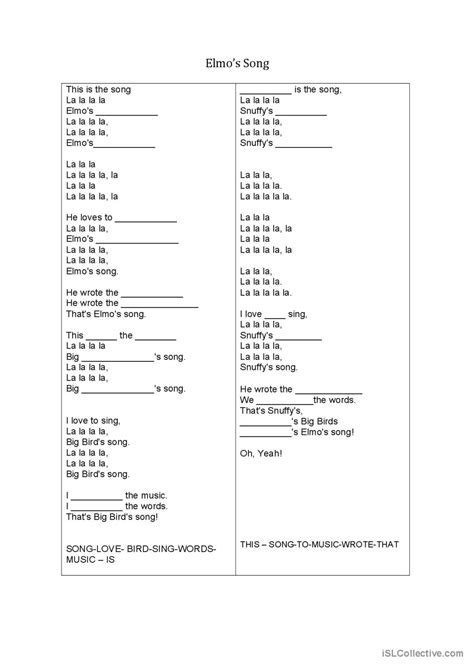 Elmo's song song and nursery rhym…: English ESL worksheets pdf & doc