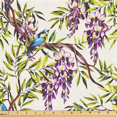 Ambesonne Bird Print Fabric By The Yard Spring Art Tree Branches 5