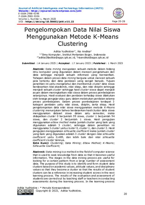 Pdf Pengelompokan Data Nilai Siswa Menggunakan Metode K Means Clustering