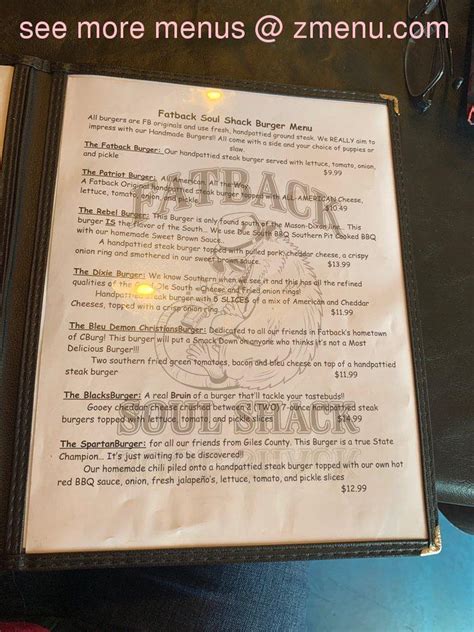 Menu at Fatback Soul Shack restaurant, Christiansburg