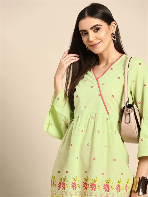 Anouk By Myntra Kurta For Women V Neck Green Pink Ethnic Motifs