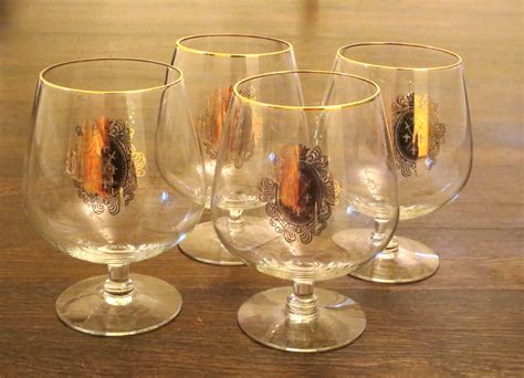 Vintage Brandy Glasses Set Of Four Gold Shield Glassware Bar Serving